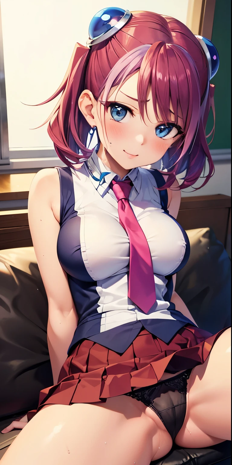 1 Female,High definition,high resolution,Ultra-realistic,8K, hy1, hair ornament, multicolored hair, blue eyes,necktie,pink skirt,tight skirt, miniskirt ,sleeveless, school uniform, jewelry,European,sexy,Upper body close-up,Photographed from the front,Dynamic Angles,blush, medium tits, happy, wink the eye,facial, sweat,multicolored hair ,(wide thighs:1.4),(black panties),(show panties),(spread legs),(open panties),(show pussy),(open pussy)