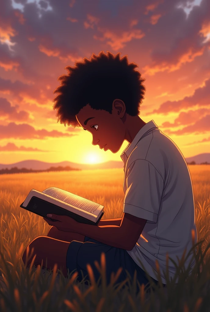 A very nice African-American boy sitting reading the Bible, whose pages shine like gold leaves and dimly illuminate the boy&#39;s face, who is sitting in a large field and in the background the sunset can be seen, showing the beauty of nature in anime style.