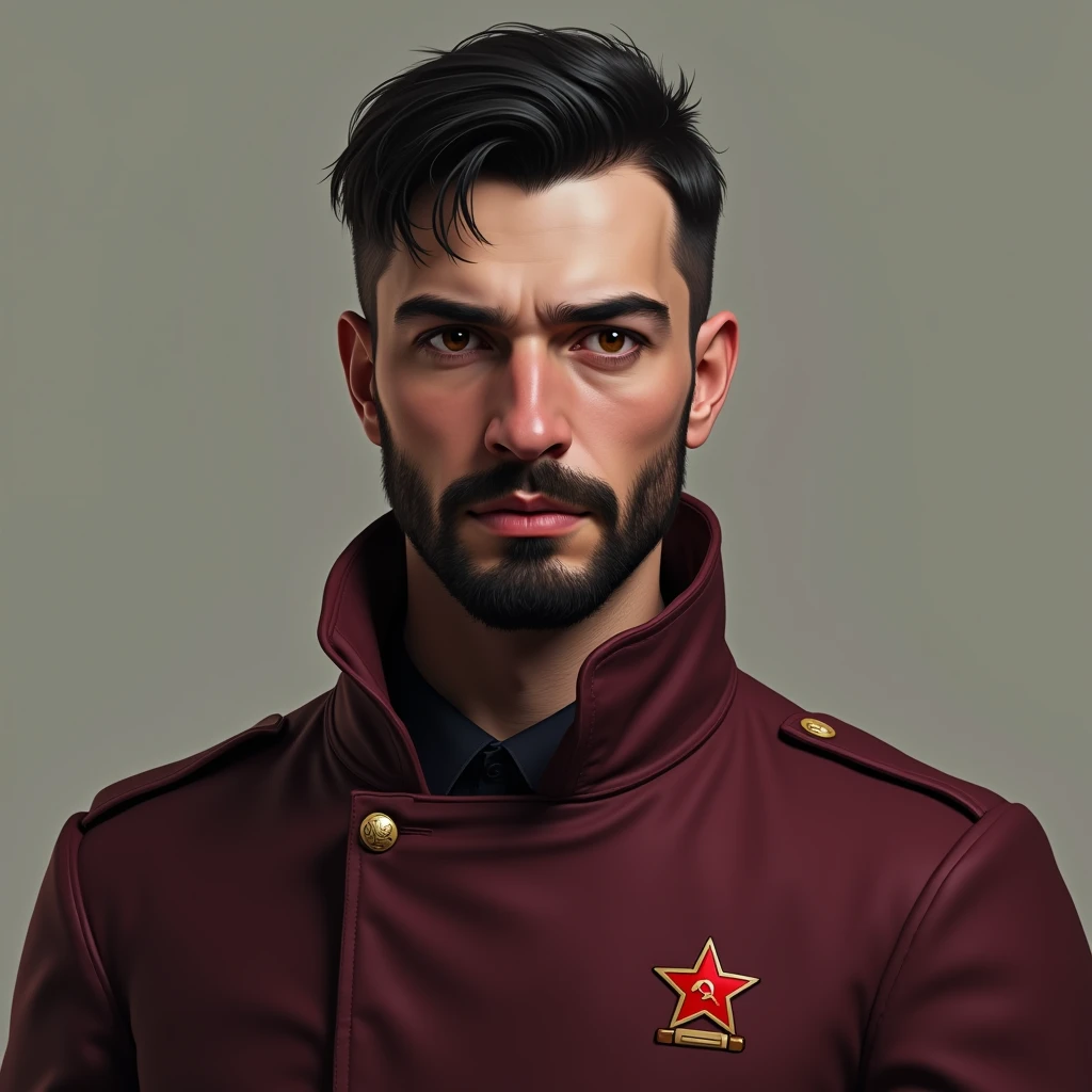 portrait, man, black stubble and hair, very short haircut, unshaven man, man has a small beard, man is 25 years old, communist, in a jacket, burgundy jacket, small badge, badge with a red star, Slavic appearance