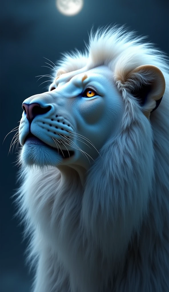 Generate an ultra realistic 8k image of a beautiful strong robust white lion's face looking at the sky in the moonlight
