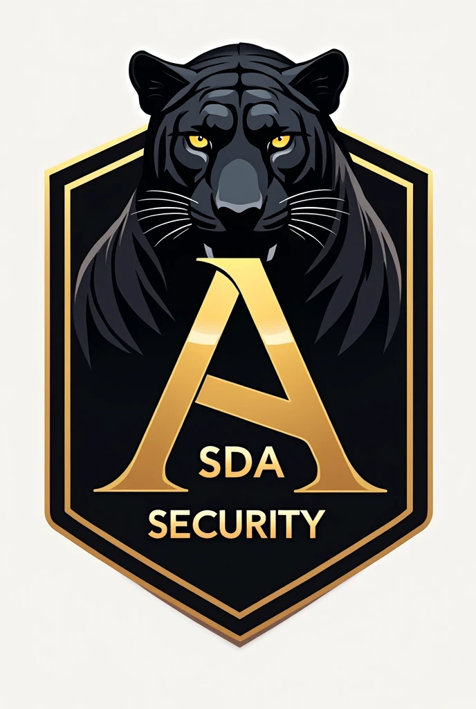 A logo for a security company (SDA Security) There should be a sign with the colors black and gold and in the sign the letters A and around the sign a black jaguar and under the sign SDA Security