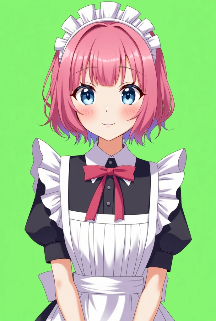 Maid cafe maid with short pink hair, blue eyes, a sensual and happy expression, age range between 18 and 26 years, anime style completely in 2D, with a completely green background