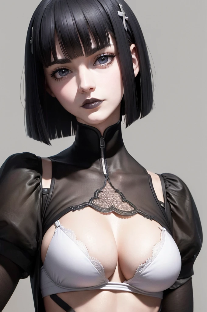 1 girl, short hair, bra, chocker, mature female, (simple background), close up, face focus, goth,
