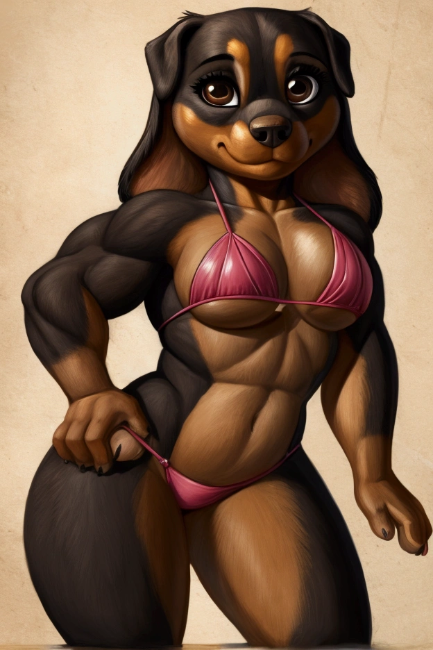 Small female rottweiler dog with big muscles , huge and gigantic black and brown fur and cute brown eyes and she is wearing a full body bikini and she is .