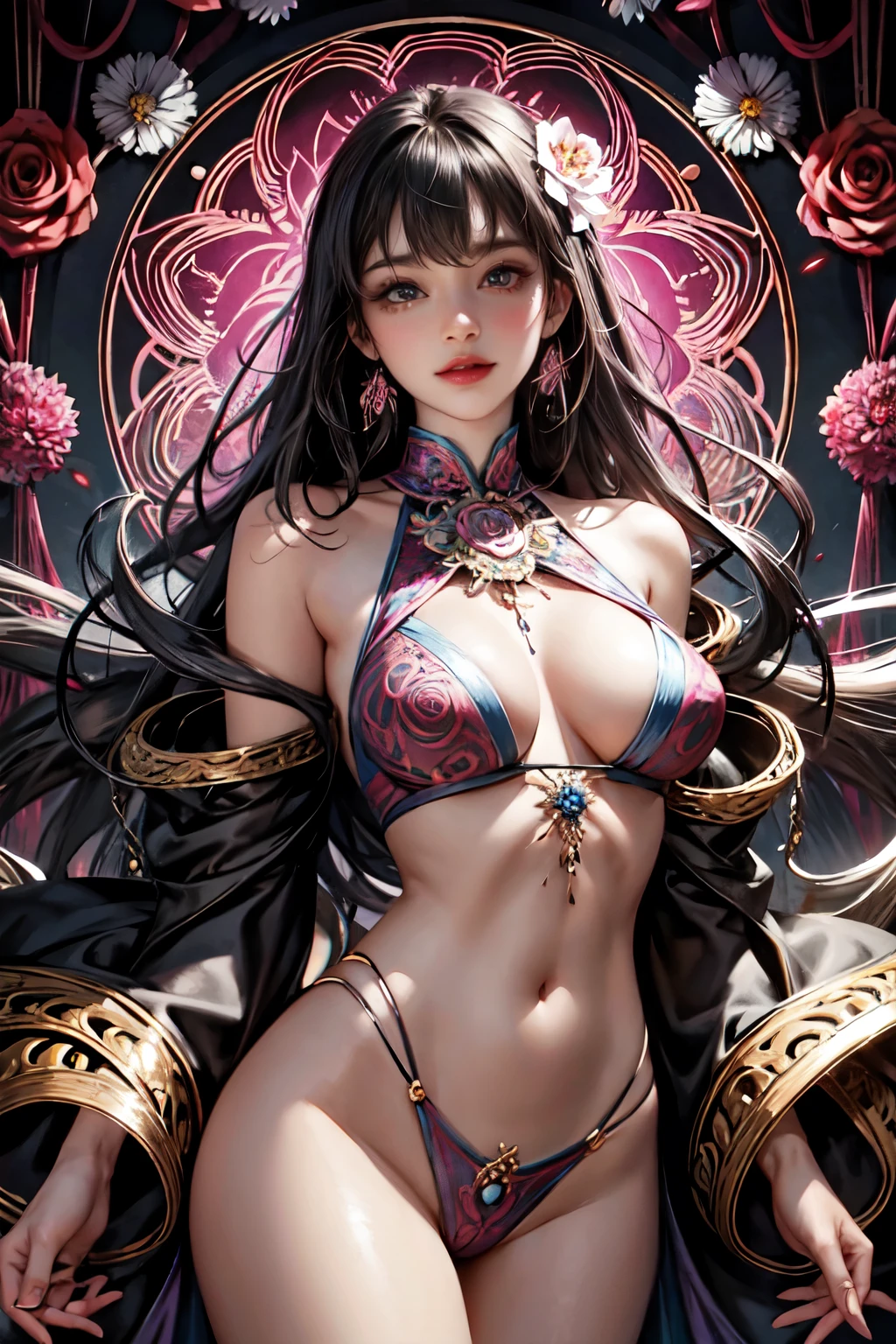 official art, unity 8k wallpaper, ultra detailed, beautiful and aesthetic, beautiful, masterpiece, best quality, (zentangle, mandala, tangle, entangle), (ecstasy of flower:1.2), dynamic angle, cowboyshot, the most beautiful form of chaos, elegant, a brutalist designed, vivid colours, romanticism, atmospheric, smile, looking at viewer, (pureerosface_v1:0.3),