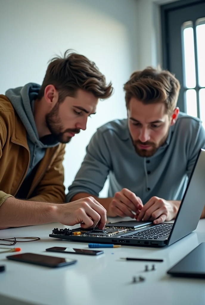 A horizontal image of two young men disassembling a laptop