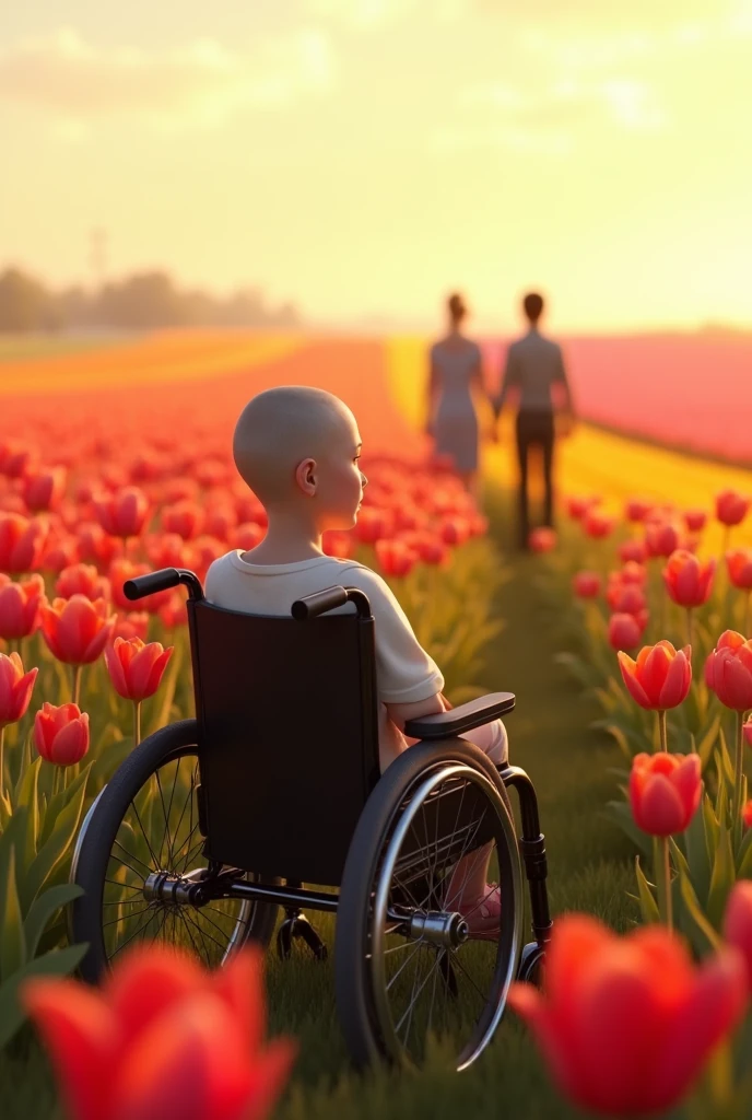 A 16-year-old girl in a tulip field in a wheelchair and without hair looking at the horizon in the distance at her father and mother