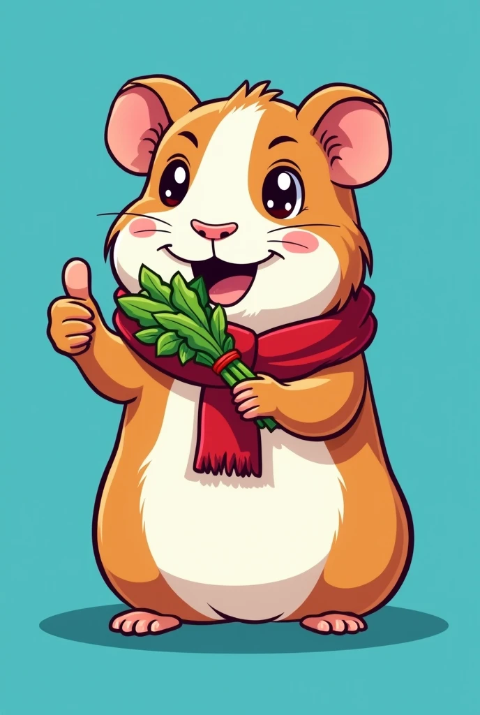 Create a LOGO of a guinea pig eating alfalfa and raising its thumb with a blue background and a red scarf around its neck