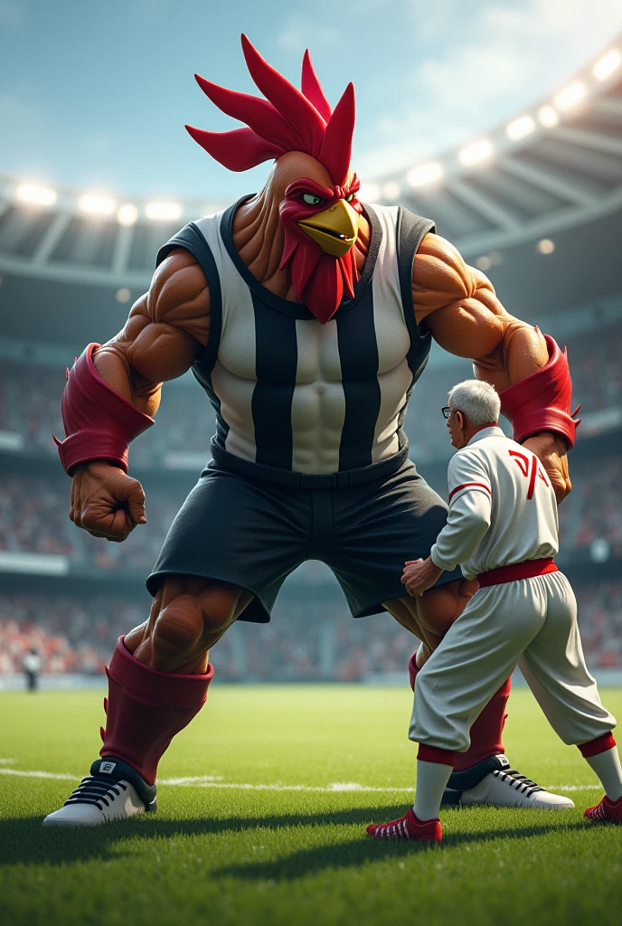 a strong rooster with muscles and an avenger in a human body with an evil face wearing a black and white striped shirt, rocker faces an old man who is wearing white clothes with red details without symbols on the stadium lawn.