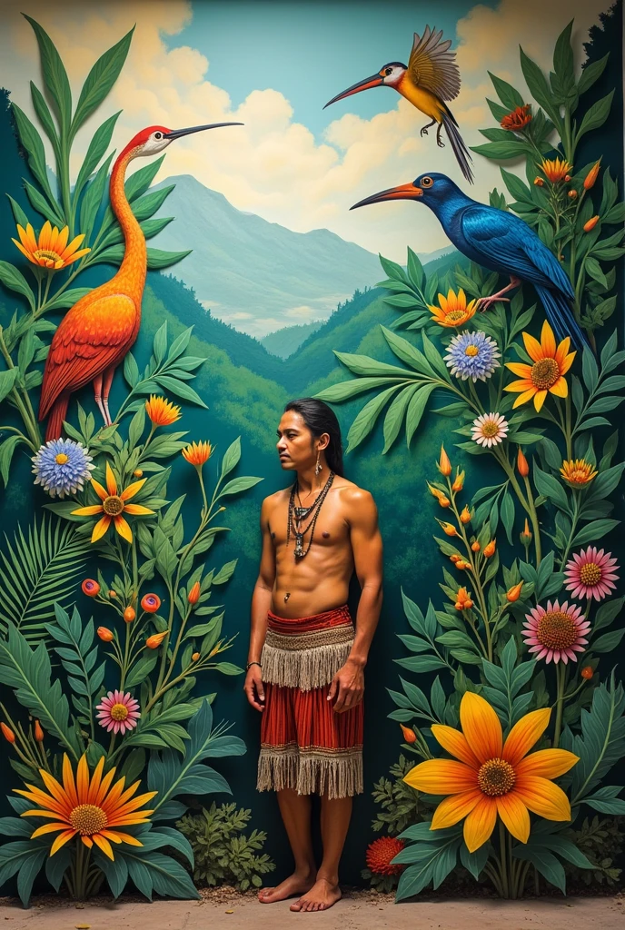 Mural of indigenous medicinal plants and bird diversity in Colombia with an indigenous person, a little smaller the person