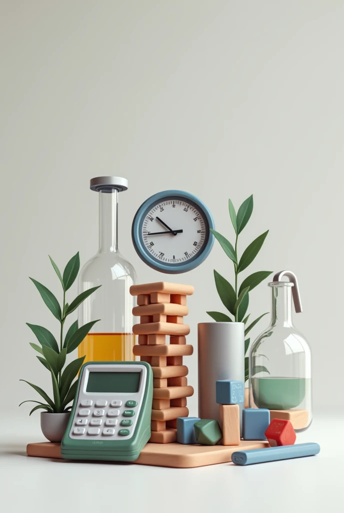an image where all these materials appear scale, vernier, calculator, test tube, Jenga tile, metal cylinder and computer
