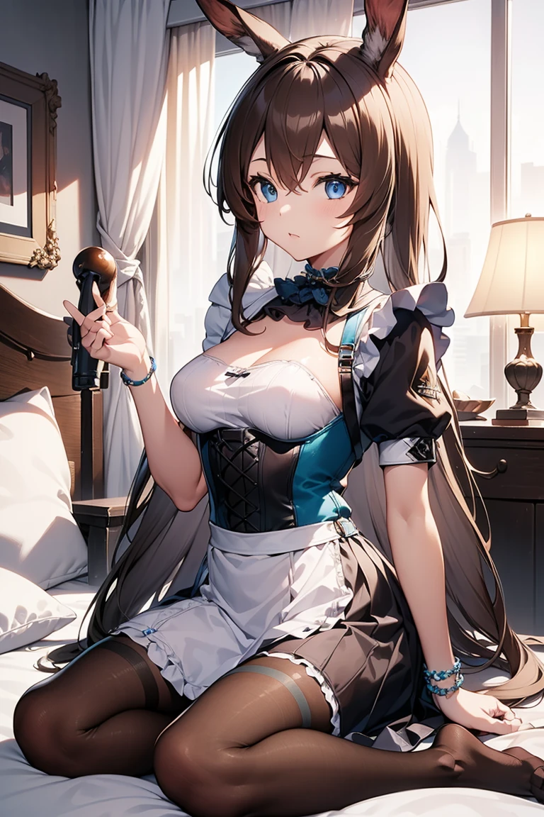 (top quality, 4K, a high resolution, masterpiece:1.2), super detailed, one girl (ARKNIGHTS AMIYA), blue eyes, Brown hair, bright skin, long hair, animal ears, Small breasts,  ((Tights Perm Haishnet))、(bedroom)、((Maid clothes))、long skirt、a corset、sit, night atmosphere