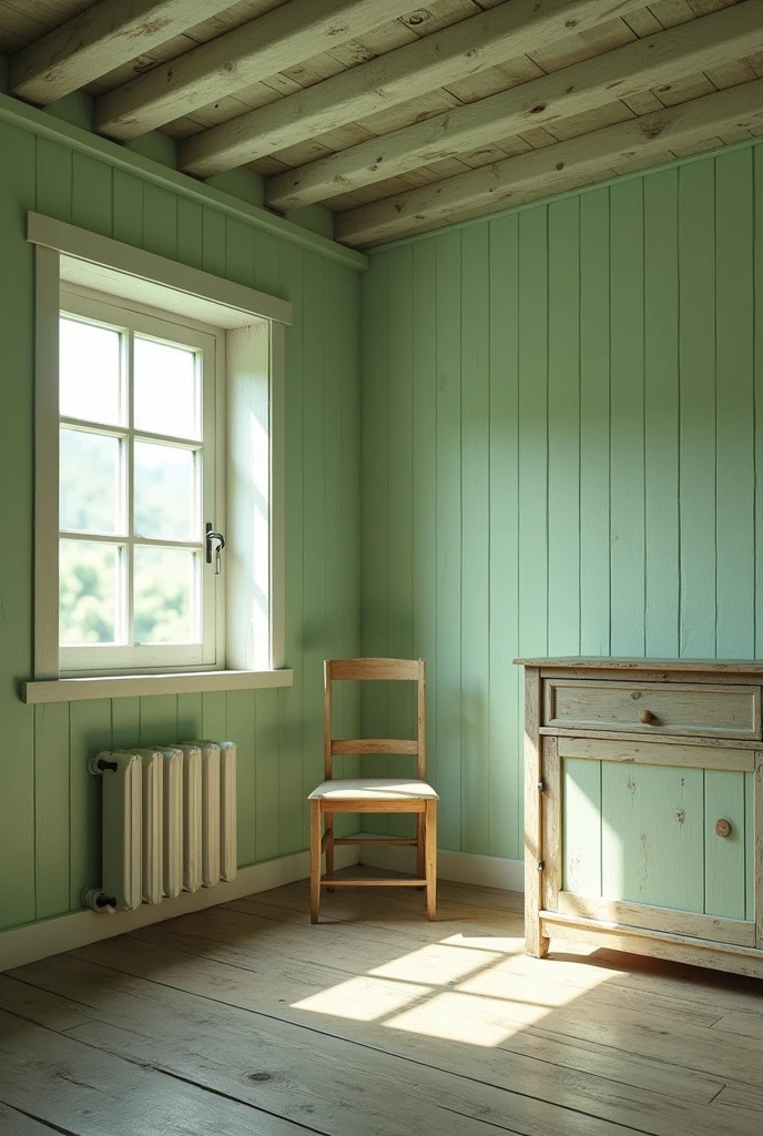 wooden house interior light green with old white