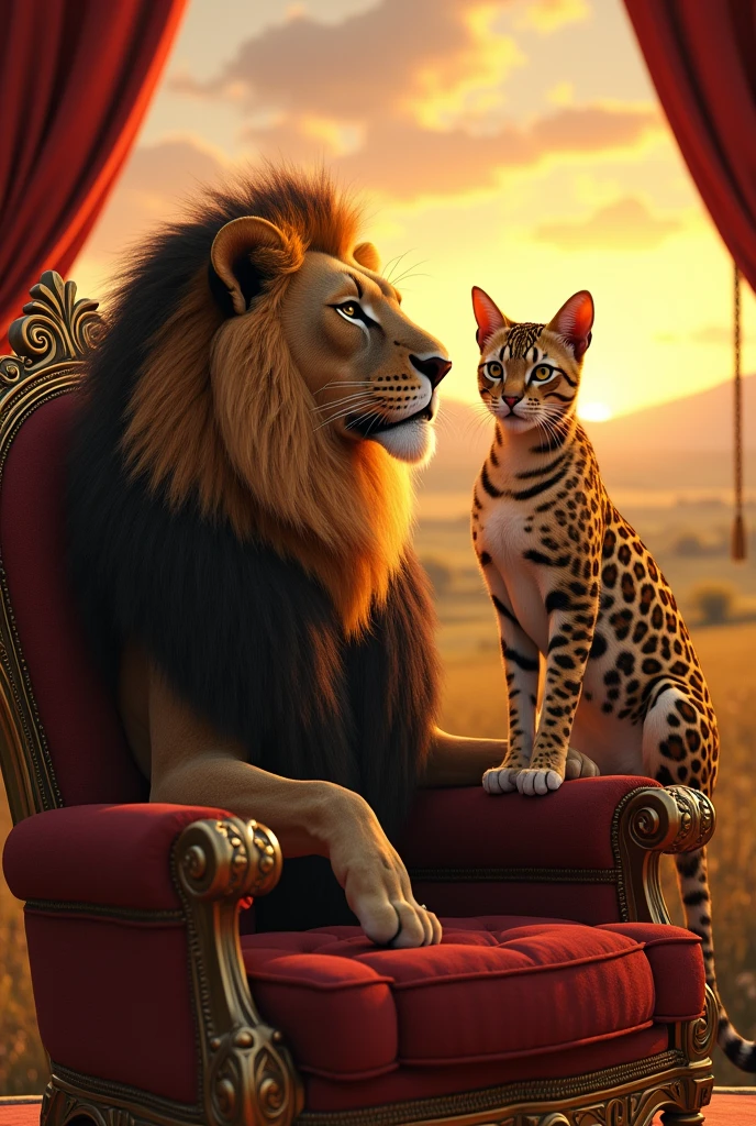 Very rich Savannah cat sitting on a luxurious chair and next to him a realistic Atlas lion, high-resolution details