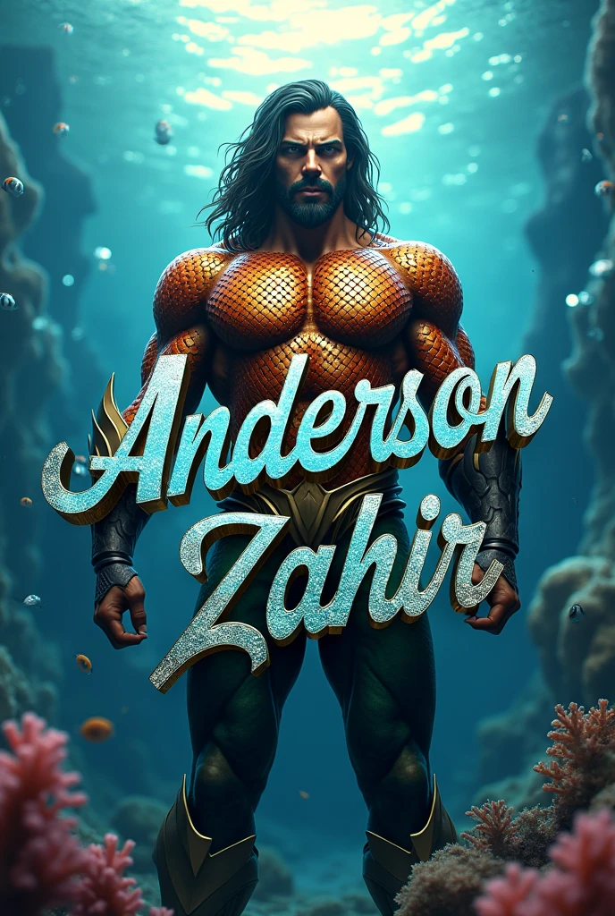 Image with the name anderson zahir in cursive letters with the background of the superhero aquaman 3D art