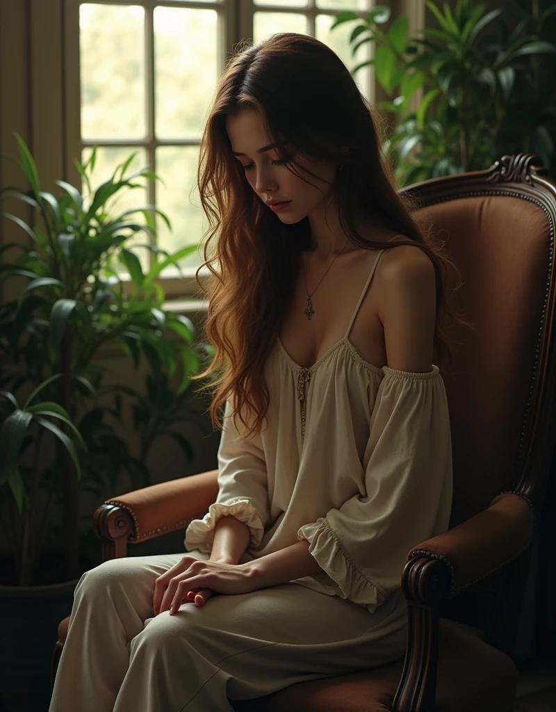 (photorealism:1.2), beautiful woman, brown hairstyle, looking at the floor, perfct hands, sad face, in a very dark room, sitting on a old and broken chair, wearing loose off-shoulder top, pajama pants, long hair, indoors, soft lighting, plants in background, window with very soft sunlight, cozy room, relaxed pose, realistic, intricate details, warm colors