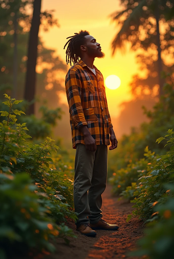 Create a video that shows the forest, the sunset, a black person and the lion, Reggae symbols and colors