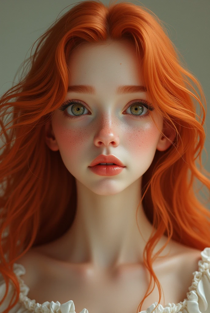 red hair that falls in soft curls over her shoulders, she looks like a character out of a fairy tale. Her angelic face is framed by rosy cheeks and a delicate nose dotted with freckles that give her an even more charming look.. Their eyes, big and bright, convey a sweetness and innocence that captivates anyone who encounters it. She exudes an aura of youth and natural beauty., radiating an irresistible charm. [Realistic, photorealistic]