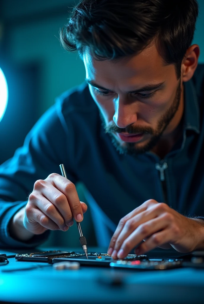man repairing a cell phone, with a small screwdriver, Removing the screen, in an environment with a blue LED spotlight, front view