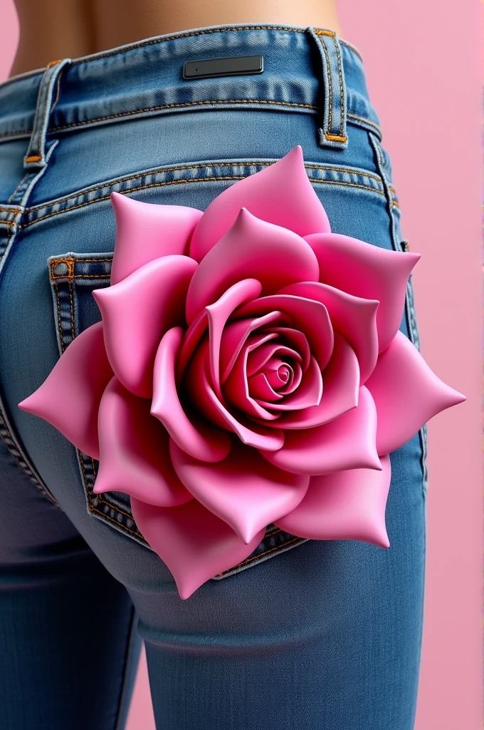 Women's jeans with a large pink rose on the front in 3D effect on the pocket part of the jeans