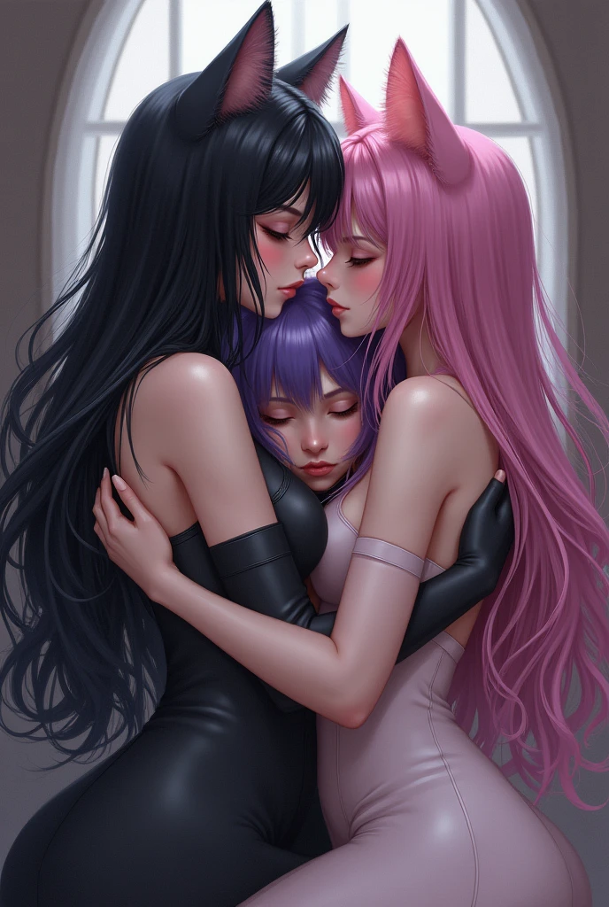 Trois filles neko qui s’embrasse. Noir, pink and purple hair