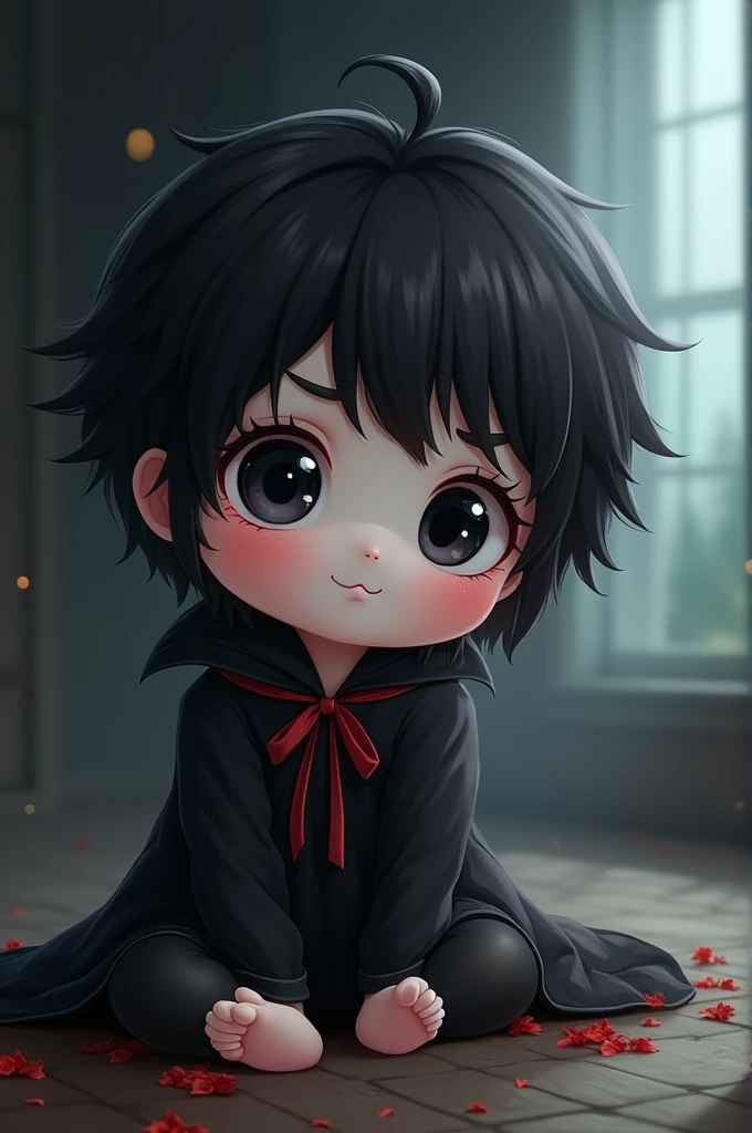 I want an Imagine of a baby with adorable pale skinned features like little vampires in anime style can include big expressive and sparkling eyes and fluffy black hair in 2D