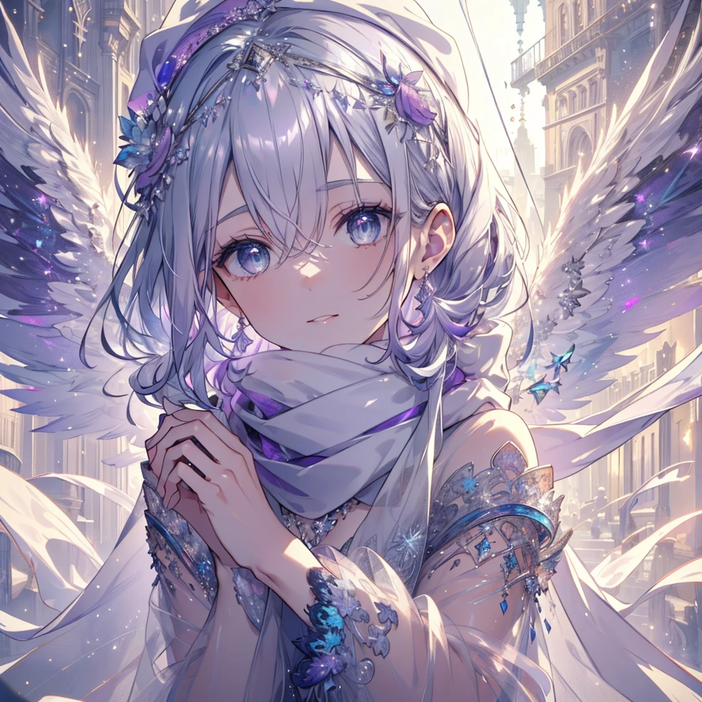 8k, Wrap a scarf around your head, High resolution RAW color art, animation, Silver Marble Skin, (((Highly detailed elegant))), Magical atmosphere, Detailed skin, texture,(Exquisitely crafted, The finer details, Ultra-detailed art), Depth of written boundary, Bokeh, Silky to the touch, Hyper Detail, (Pastel Purple), Beautiful Eyes, Elegant face, Neon Downtown