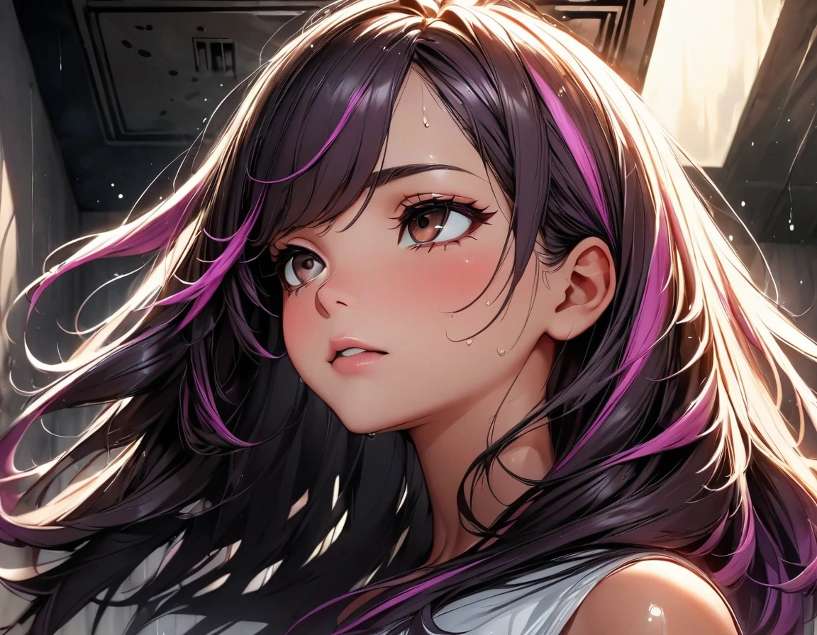 (highest quality:1.2, Very detailed, up to date, Vibrant, Ultra-high resolution, High Contrast, masterpiece:1.2, highest quality, Best aesthetics), Portraiture、girl, solo, (25-years-old:1), Bright colors、Beautiful fine details、Beautiful lip detail, long hair、black and purple ((streaked hair:1.6)), highlights hair: 1.5, brown eyes, ((slim body:1.4)), (small breast:0.7), (dark skin:0.3), (taking a shower from her head:1), (the shower is falling on her face:1), in shower room., (looking up:1), (upper body)