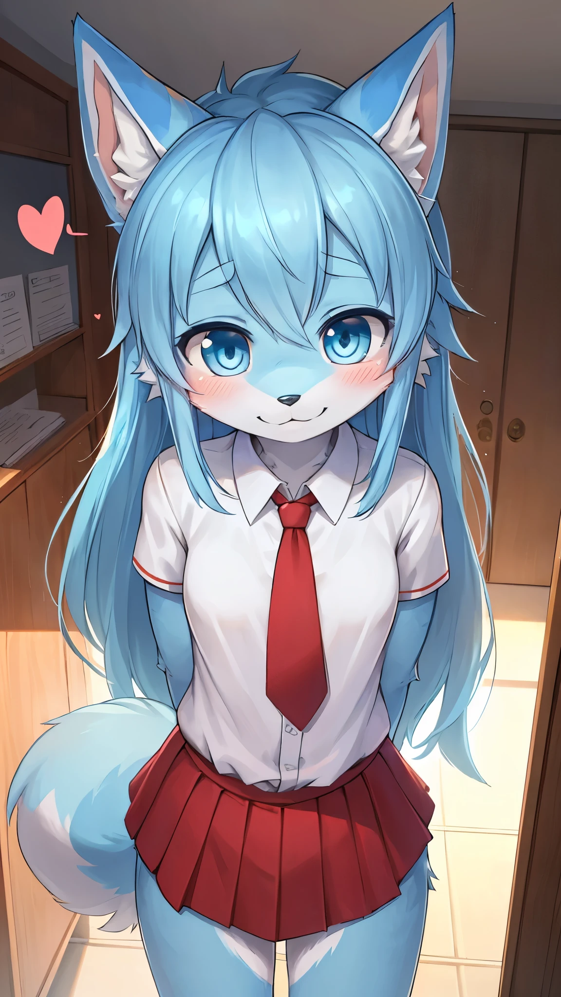 best quality,best resolution,solo,(fluffy anthro furry :1.6),(young :1.8),cat girl,flat chest,light blue hair,long hair,messy hair,blue eyes,glistering eyes,sparkle eyes,(light blue fur :1.6),(white short arms shirt with red tie),(red skirt),beautiful classroom,light and shadow,full face blush,heart expression,heart eyes glow,embarassed face,smile,standing,shy pose