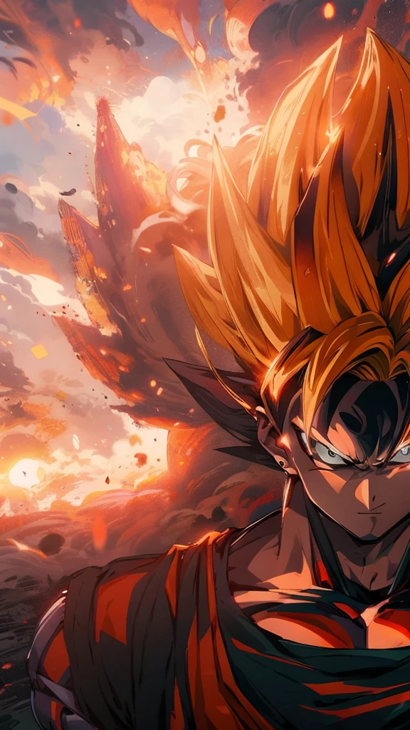 Highly detailed, High-quality, reimagine Goku, sunset background