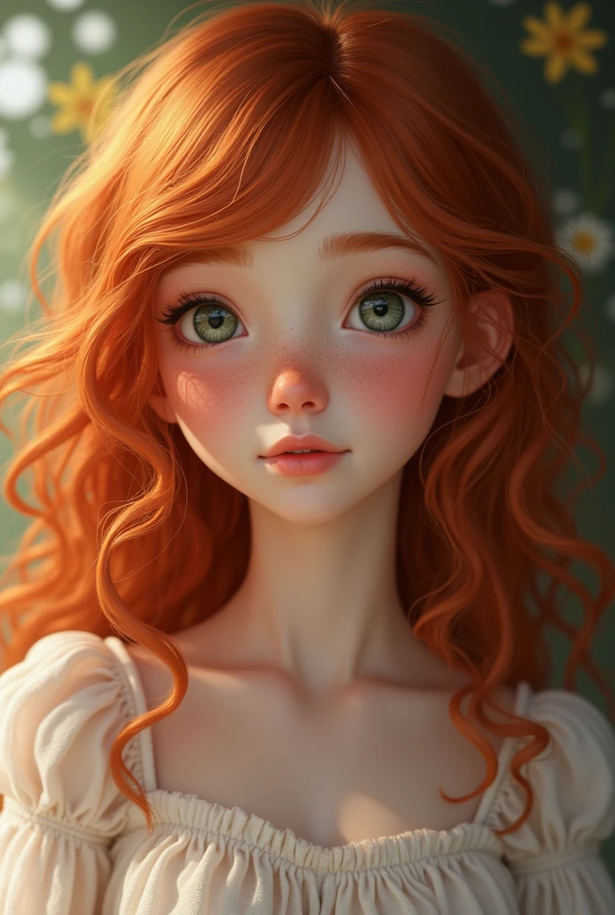 red hair that falls in soft curls over her shoulders, she looks like a character out of a fairy tale. Her angelic face is framed by rosy cheeks and a delicate nose dotted with freckles that give her an even more charming look.. Their eyes, big and bright, convey a sweetness and innocence that captivates anyone who encounters it. She exudes an aura of youth and natural beauty., radiating an irresistible charm. [Realistic, photorealistic], realistic girl
