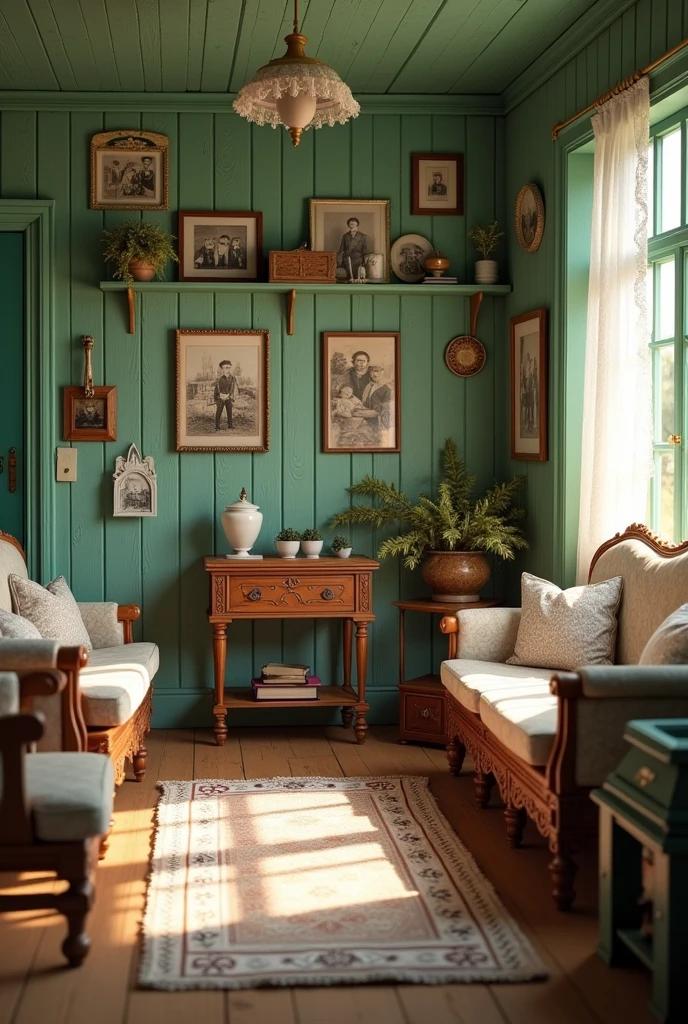 wooden house interior green with white old