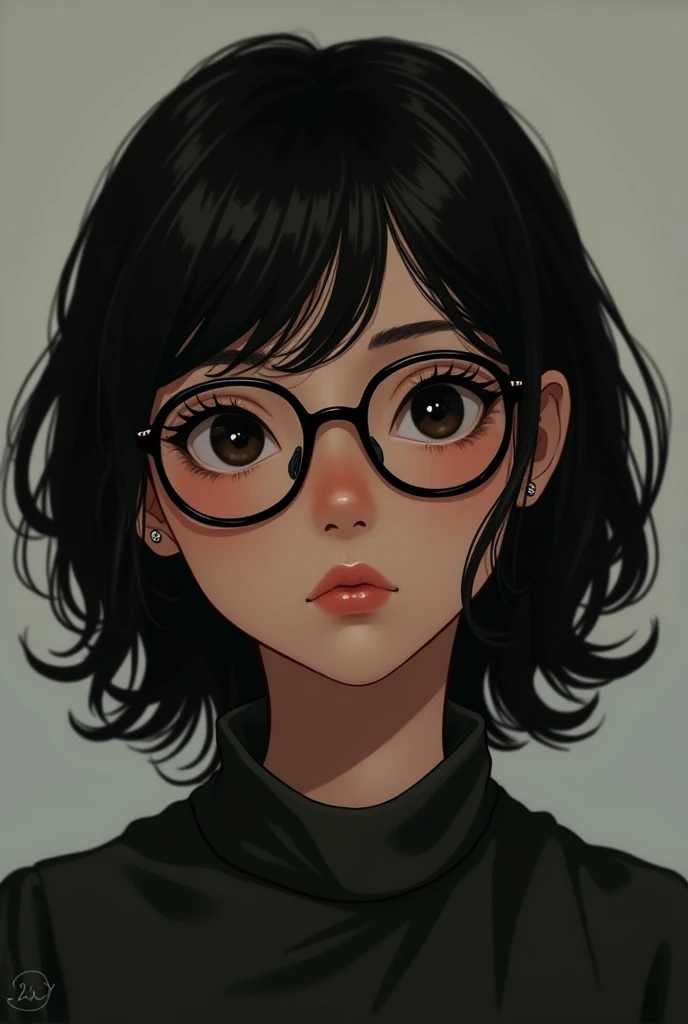 Girl with brown skin, glasses, black eyes, black shoulder length hair with black clothes