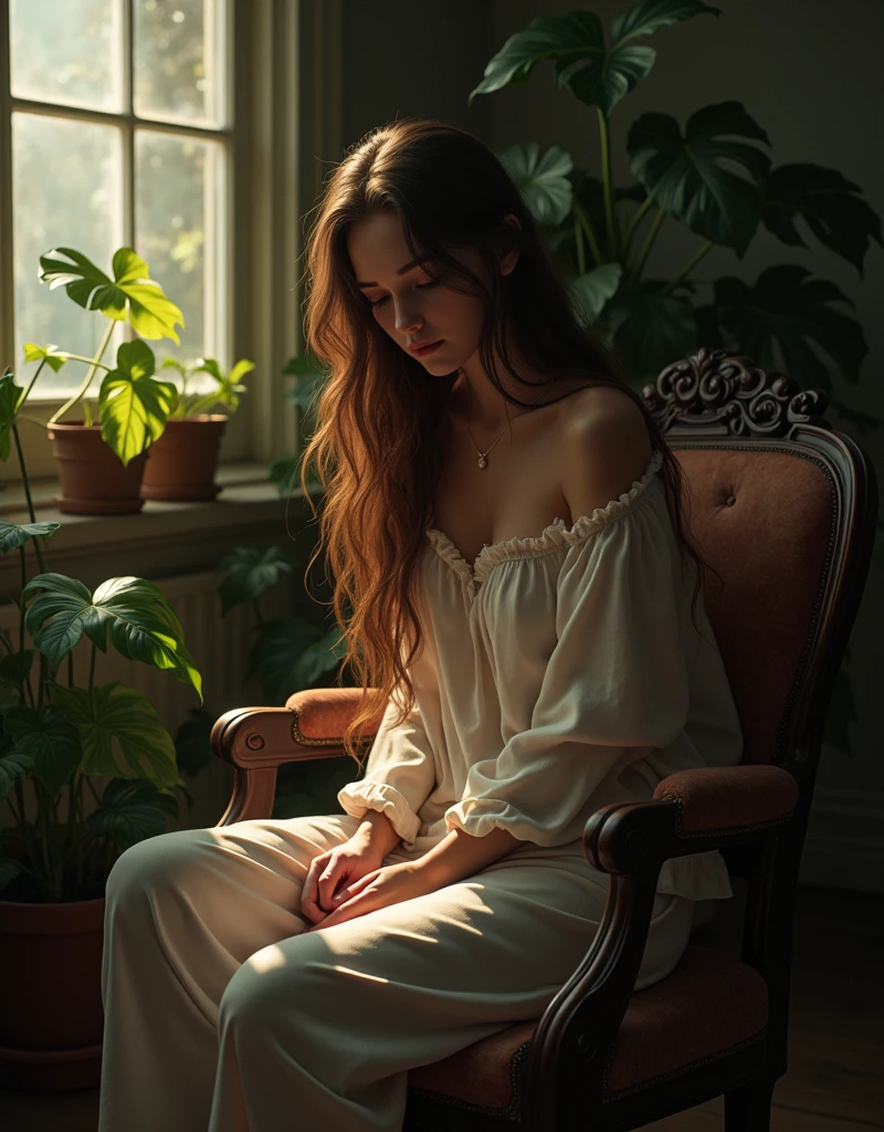 (photorealism:1.2), beautiful woman, brown hairstyle, looking at the floor, perfct hands, sad face, in a very dark room, sitting on a old and broken chair, wearing loose off-shoulder top, pajama pants, long hair, indoors, soft lighting, plants in background, window with very soft sunlight, cozy room, relaxed pose, realistic, intricate details, warm colors