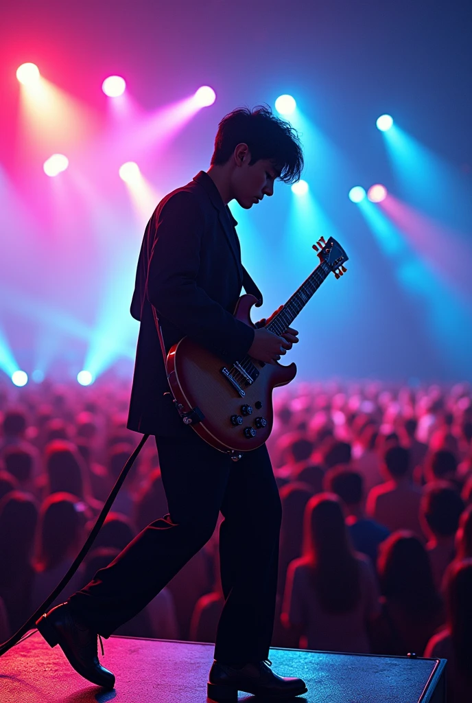 "/imagine a Korean jazz musician playing a semi-hollow guitar on stage, thousands of audience, neon lights, stylish Korean fashion"