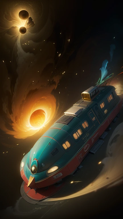 Fantasy,8k,Extremely detailed, masterpiece,High resolution,Highest quality,Increase the resolution,Cinema Lighting,Different space,4 dimensional world,Night on the Galaxy Express,Steam locomotive-type spaceship,steampunk,Large gear light blue body,A spaceship pulling multiple passenger cars,Maneuvering with a fusion reactor,30-car train、Run through the space zone,Numerous stars,Many Galaxies,Milky Way,Cruising at the speed of light,Seeing the Earth in the distance,Super Express,Going to Andromeda,Wide angle of view,Vision,Floating in the air,In the dazzling light,Extremely colorful,The whole carriage is visible,S-shaped,Rail of light,999,colorful cloud nebula,The whole universe shines gold
