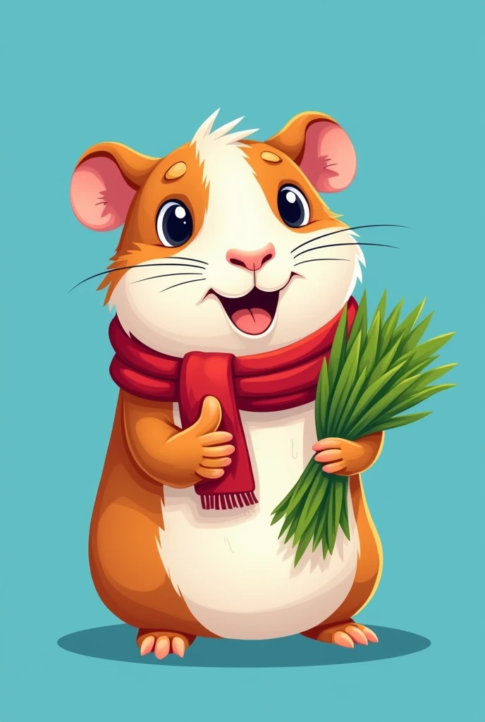 Create a LOGO of a guinea pig eating alfalfa and raising its thumb with a blue background and a red scarf around its neck
