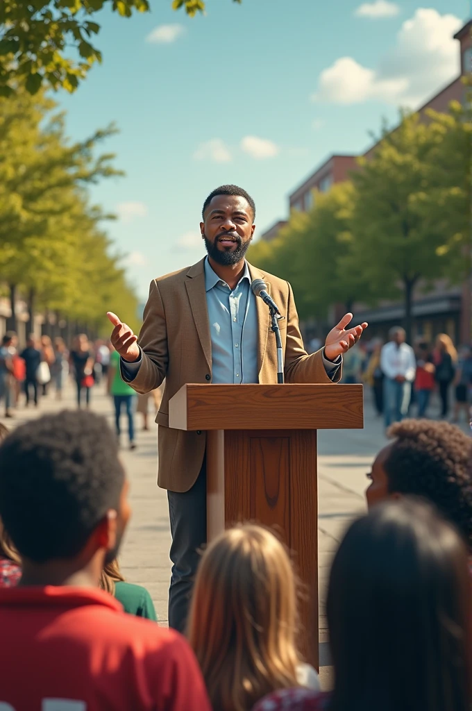 Create a scenario where they are giving a talk about the environment and at the same time some people are collecting garbage.
