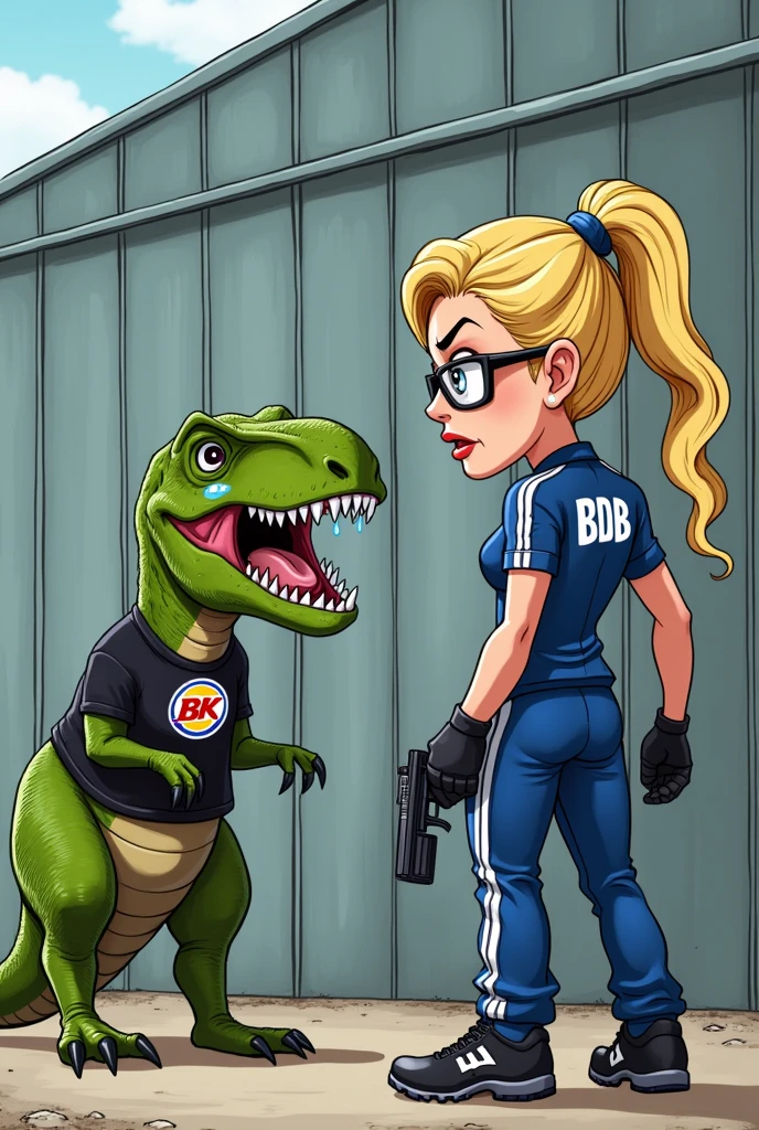 Femme blonde en training bleu et blanc avec des lunettes, le training a une inscription BK dans le dos. La fille menace avec un fusil un T-rex vert avec un tshirt, le tshirt est noir avec le logo BDB, mode cartoon, fond devant un grand batiment gris en metal, le t-rex pleure des grosses larmes