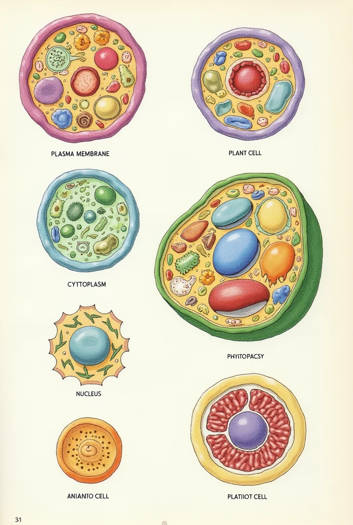 make me a drawing of a eukaryote (animal and plant and prokaryote and makes the parts of the cells plasma membrane, cytoplasm and nucleus write each part of the cells in large letters and make a basic drawing