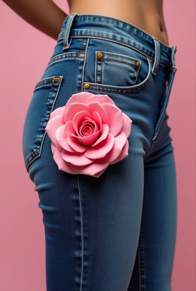 Women&#39;s jeans with a large pink rose on the front in 3D effect on the pocket part of the jeans 10 cm the rose 