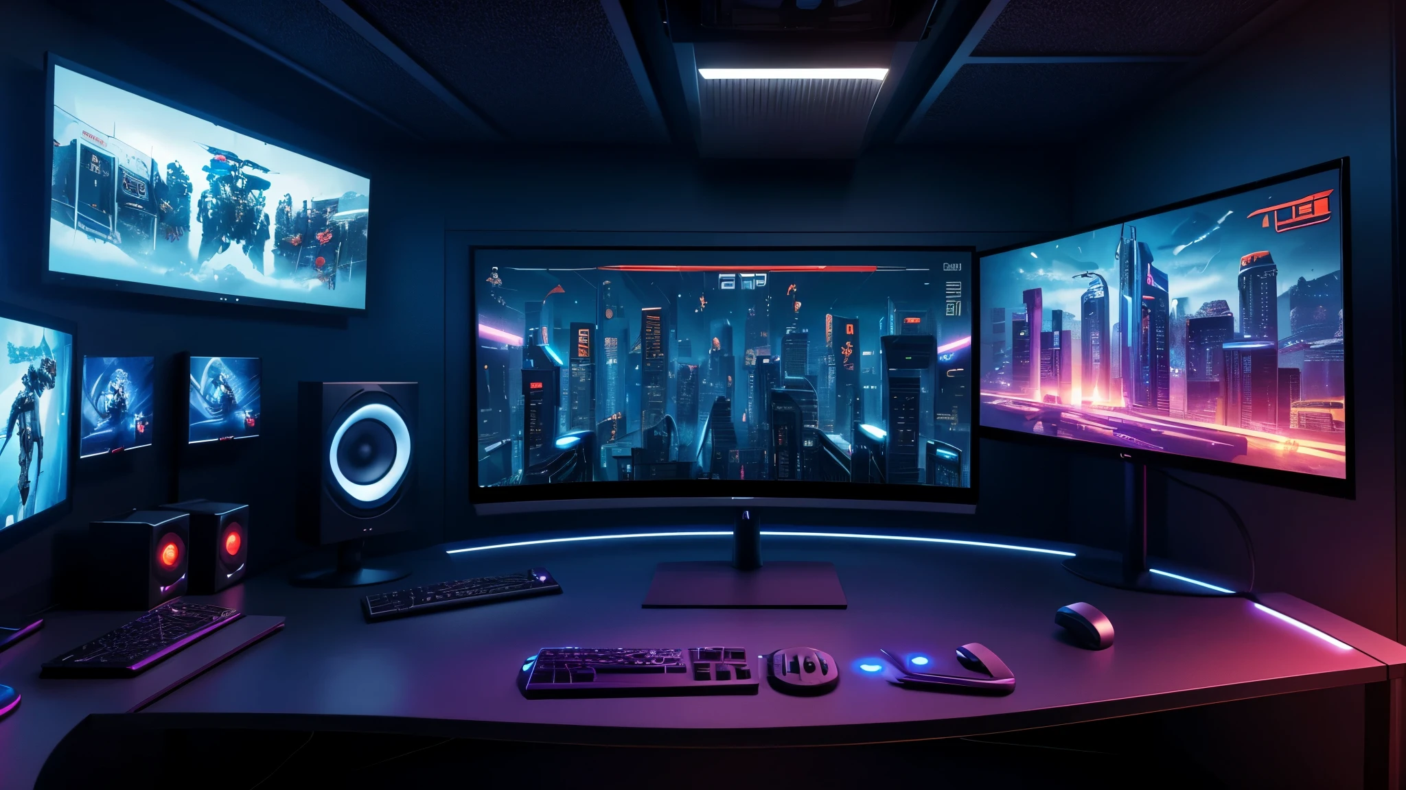 scifi, cyberpunk, futuristic, pc gaming room, hightech, daylight, cozy, much space, wide angle, a lot of tech, 3 flat monitors, monitor ratio 21:9, monitor size 34 zoll, ambient light, year 2124, cinematic