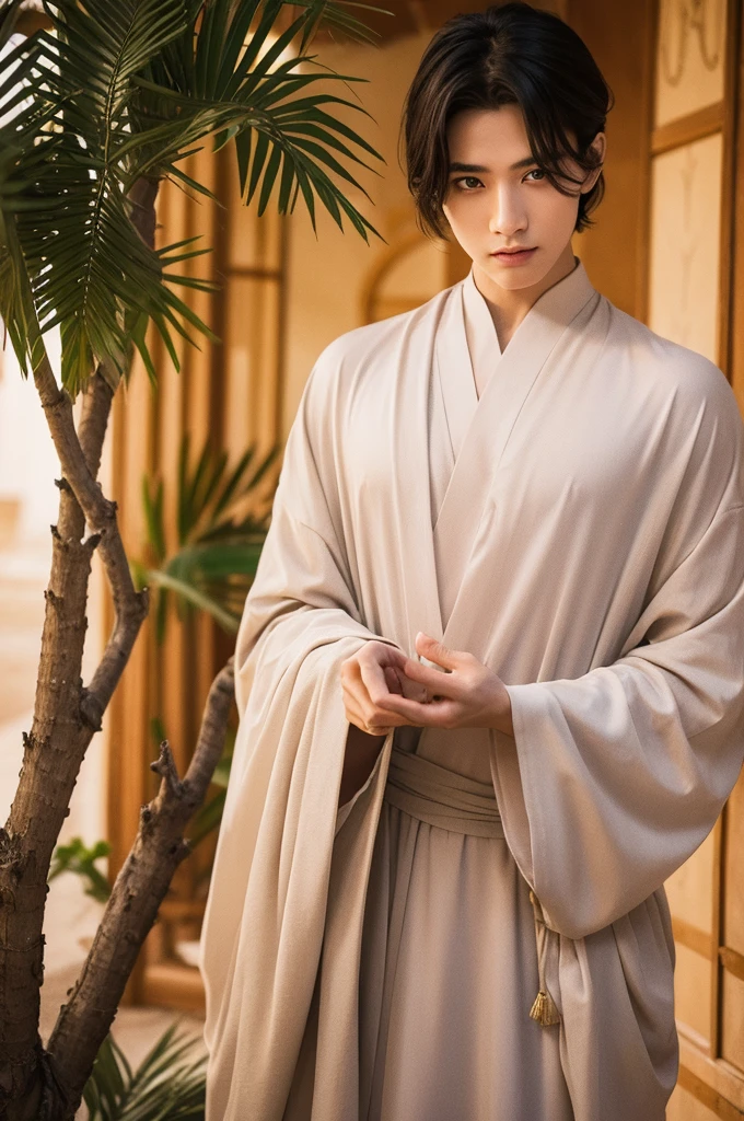 man, male, effeminate face, sorcerer, teacher, long smooth black hair, large black eyes, very light pale skin, silver eyes, Japanese , oriental, desert, marble castle, detailed face, detailed eyes, detailed hair, greenery, water magic, full body, desert greenery, desert plant, wind, magic wand, Arab city, arabic-style castle, MAGIC, magic circle, natural light, detailed face, beautiful eyes, delicate features, soft colors, serene atmosphere, high quality, detailed, photorealistic, photo-realistic:1. 37, 4k, ultra-detailed, extremely detailed, hyperrealistic, highly detailed, masterpiece:1.2, vibrant colors, natural lighting, cinematic, dramatic, fantastic, magical, surreal.