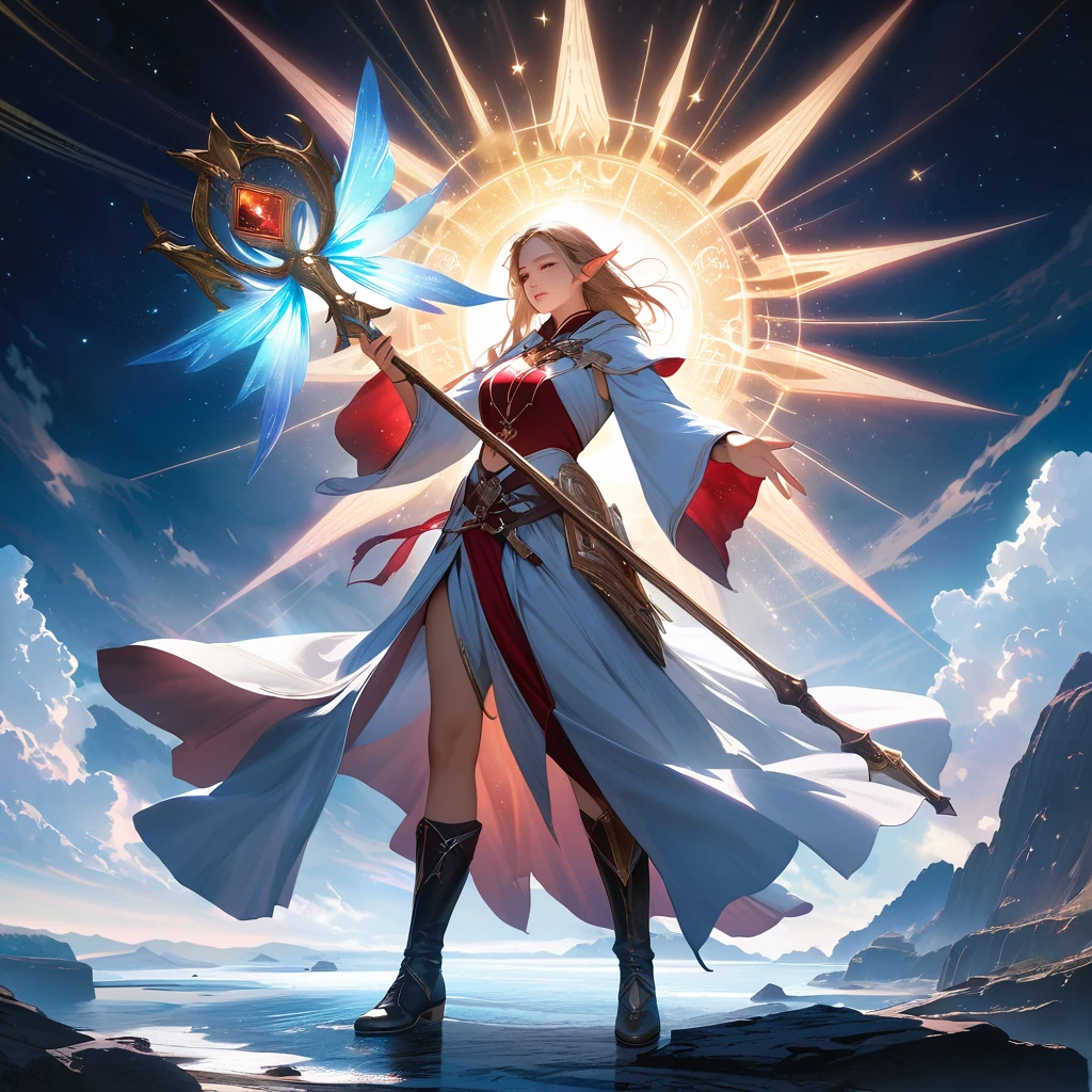 Masterpiece, Extremely detailed, best quality, photorealistic, magnificent, celestial, ethereal, epic, majestic, magical, fantasy art, cover art, dreamy, full body shot, BREAK, ethereal fantasy concept art of a brave male elf dnd wizard., staff in right hand, surrounded by runes of light, dynamic pose