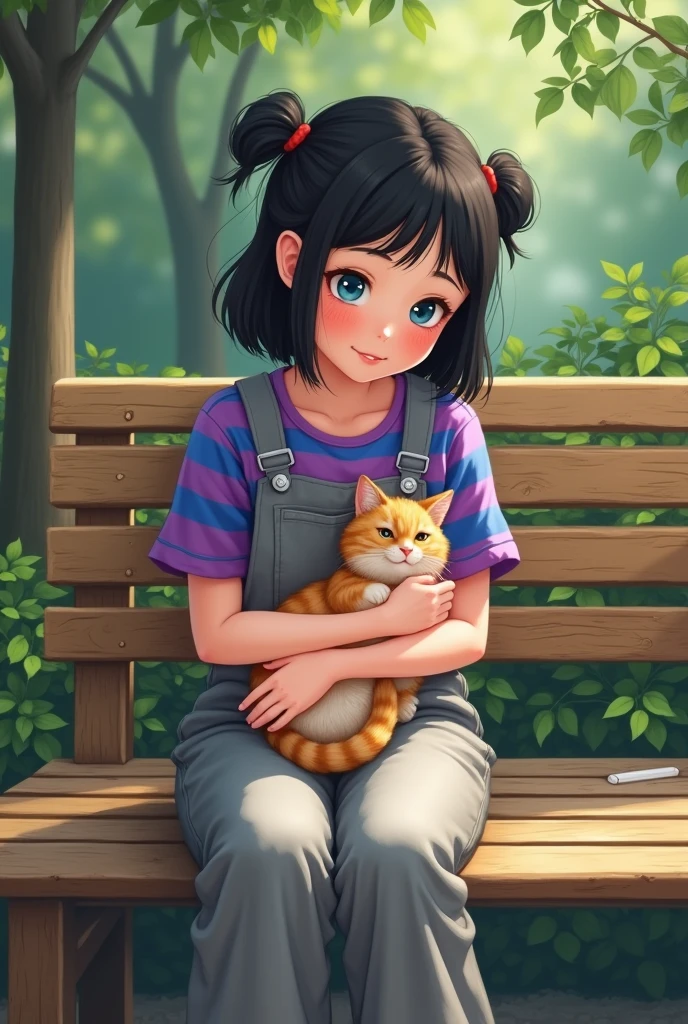 A , sitting on a park bench, she has gray overalls and a purple-and-blue striped shirt, her black hair is tied up in two pigtails, she has blue eyes and holds a cat in her arms