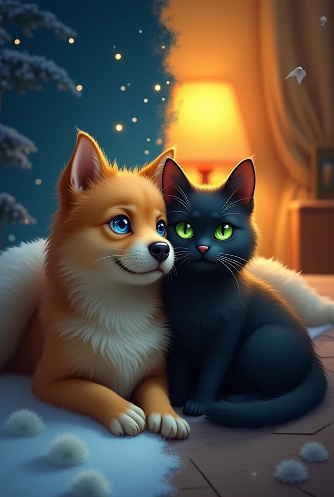 Draw a dog with golden fur and blue eyes and a cat with black fur and bright green eyes.. The cat must be lying on top of the dog and the image must divide their faces in half., In one half they are seen sadly sleeping on a cold night while in the other half they are seen happy and calm sleeping in the warmth of a home.
