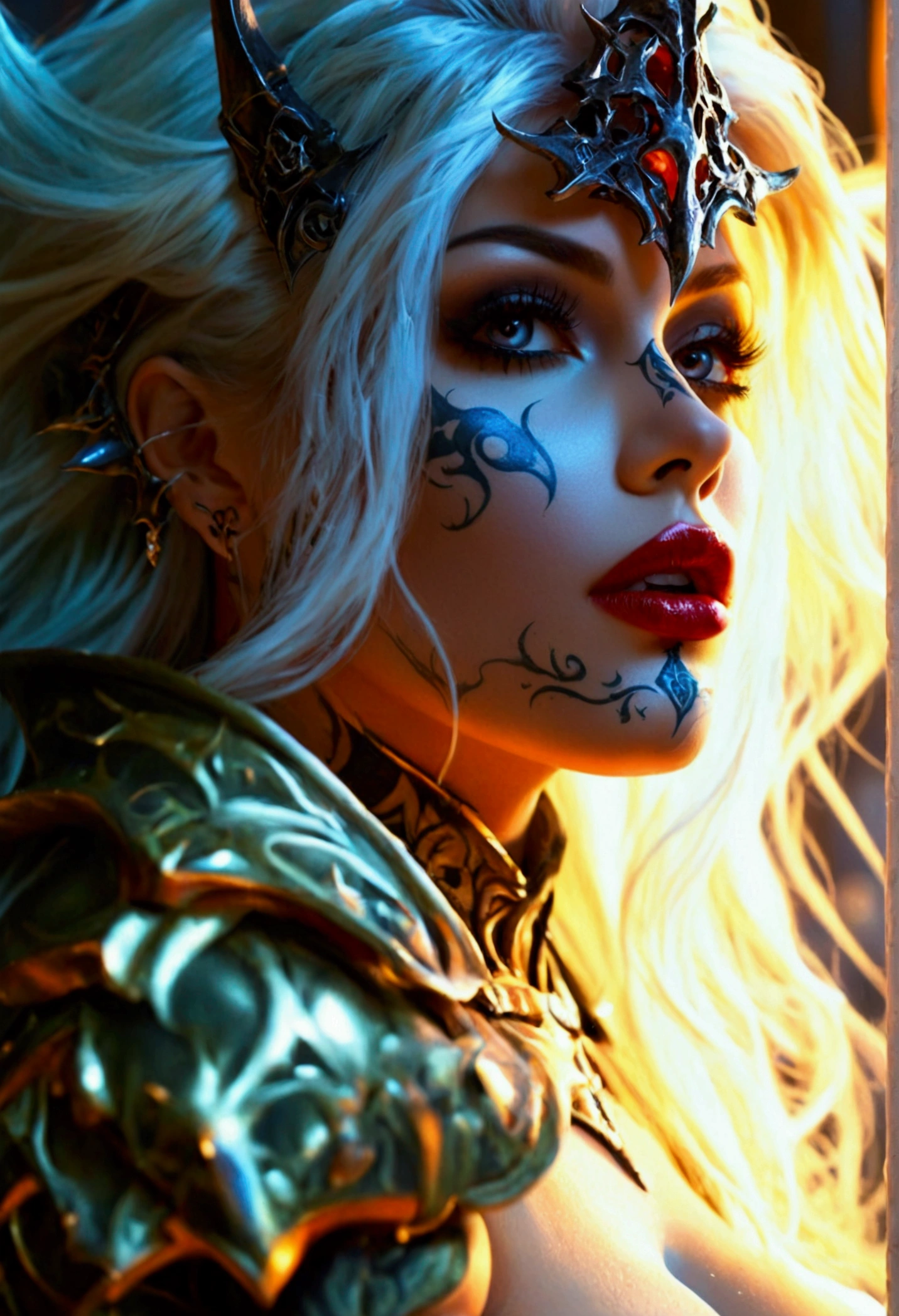 Create an image of the most stunningly gorgeous beautiful perfect sexy tattooed female deathknight, high detailed sexy stunning feminine face, perfect makeup, sexy seductive lips, lipstick, beautiful perfect hour glass body figure, long flowing hair, gigantic natural perky breasts, detailed silky smooth skin, fully nude, hyper detailed perky nipples, long detailed beautiful legs,