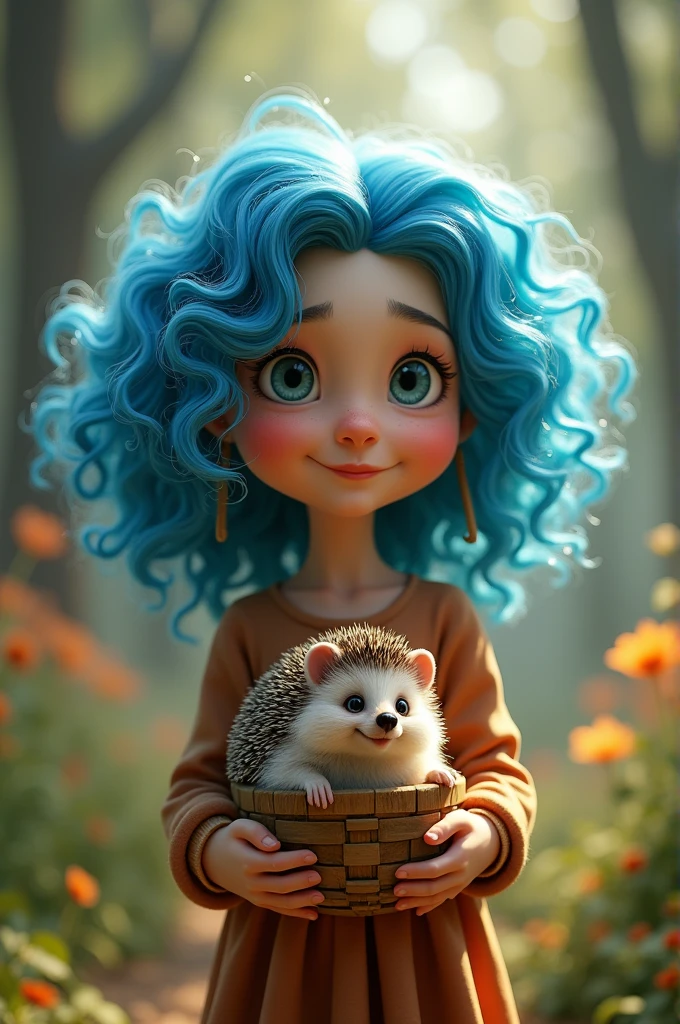A girl with blue curly hair with smiling lips and watery eyes
A magical wooden basket with a hedgehog inside is dancing