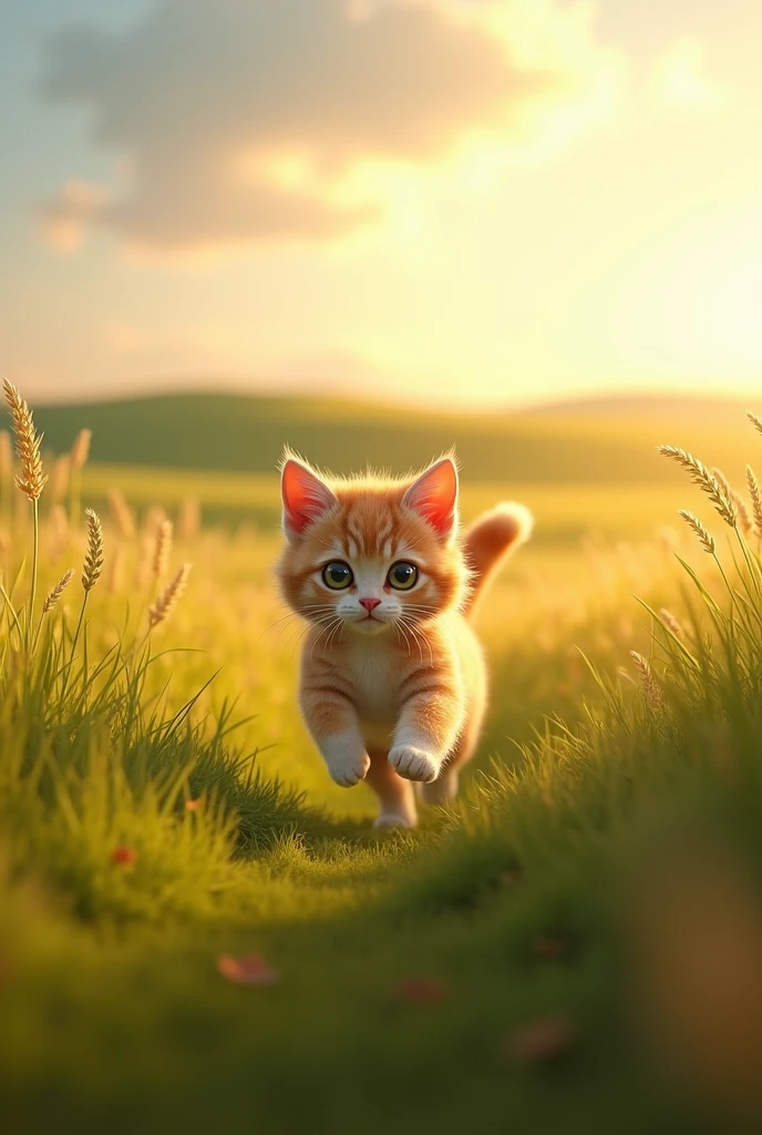 little cat, running, prairie, sun, curios face