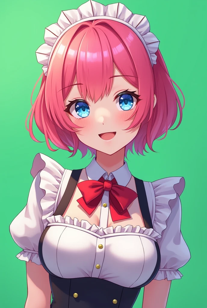 Maid cafe maid with short pink hair, blue eyes, a sensual and happy expression, age range between 18 and 26 years, anime style completely in 2D, with saturated and bright pastel colors,with a completely green background